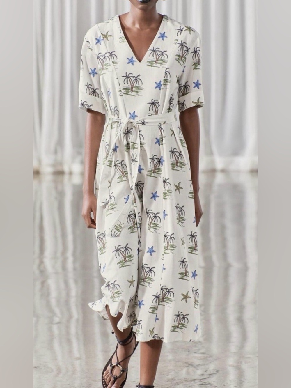 Zara Cream Midi Dress with Tropical Palm & Blue Star Print